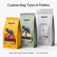 YOUYI Sachet de café à fond plat imprimé par gravure personnalisée, qualité alimentaire, finition mate, contrôle de couleur Delta E, pochette autoportante