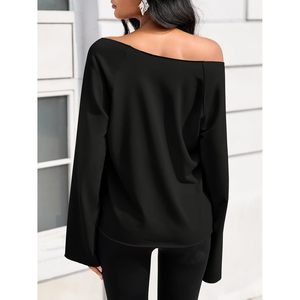 Sudadera de mujer con hombros descubiertos, manga larga, estilo oversize, jersey negro transpirable de punto, top Y2K, camisa túnica de ajuste holgado - Product Image 5