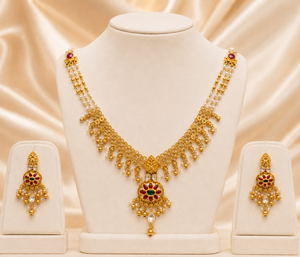 Ensemble de bijoux couleur or, collier et boucles d'oreilles, ensemble de pendentifs floraux en perles pour mariage et fête - Product Image 1
