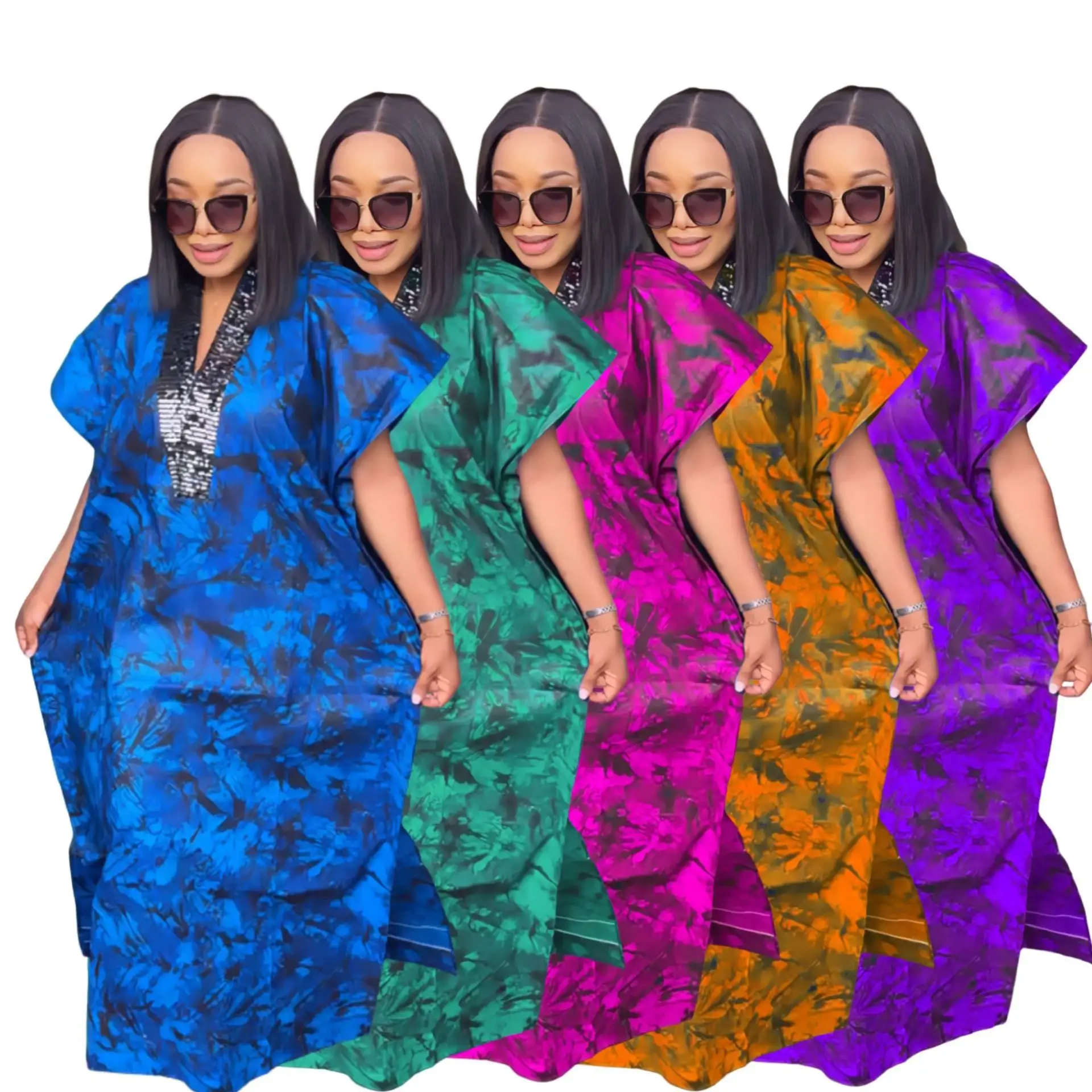 Gaun Maxi payet Timur Tengah cetak 2024 baru jubah Fitting longgar dengan jilbab gaun jubah Maxi lengan pendek Afrika