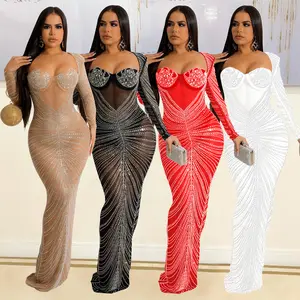 Vestido de fiesta de manga larga para mujer, nuevo estilo, sexy, ajustado, con diamantes de imitación, hilo de red, elegante, color sólido