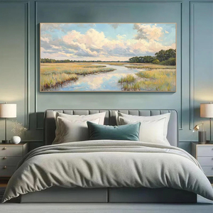 Cloudbreak Marsh Serene River Marsh Landscape Painting Abstract <b>Framed</b> Decorative Arts <b>Large</b> Handmade Artwork Home Decor - Product Image 5