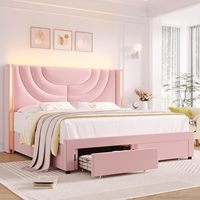 Cadre de lit à LED rembourré rose avec 2 tiroirs de rangement Lit plate-forme en velours avec support à lattes pour tête de lit à oreilles