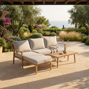 Ensemble <span class=keywords><strong>de</strong></span> canapés d'extérieur en <span class=keywords><strong>aluminium</strong></span> finition teck, mobilier <span class=keywords><strong>de</strong></span> <span class=keywords><strong>salon</strong></span> sectionnel moderne en forme <span class=keywords><strong>de</strong></span> L avec table basse pour villa et parc - Product Image 3