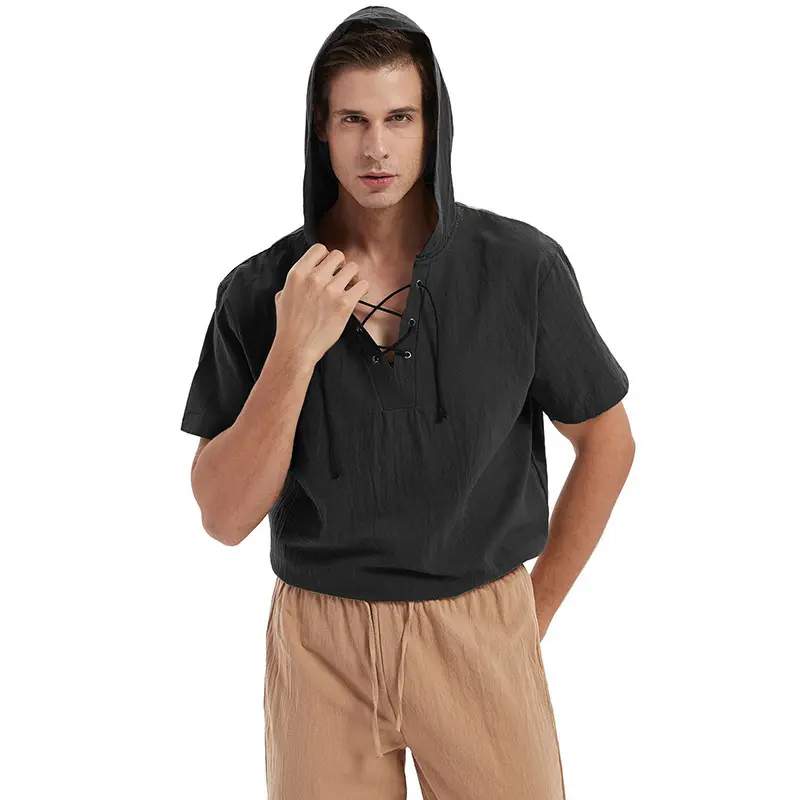 2023 kaus bertudung longgar berenda baru Kaus katun Linen warna polos lengan pendek tren musim panas untuk pria