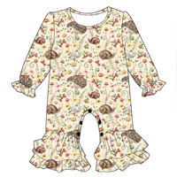 Romper Bayi Perempuan Serat Bambu Premium Lengan Panjang Motif Bintang Pita di Seluruh Badan Hiasan Ruffle Kancing Selangkangan Desain Khusus Pakaian Bayi