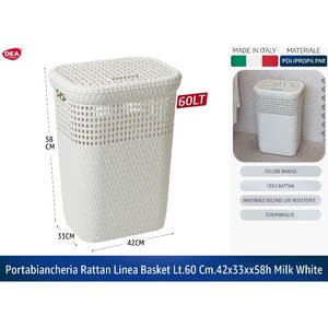 Cesto Portabiancheria in Rattan Bianco Latte Linea 60LT 42x33x58h Cesto per Bucato in Vimini LT.60 CM.42X33XX58h - Product Image 1