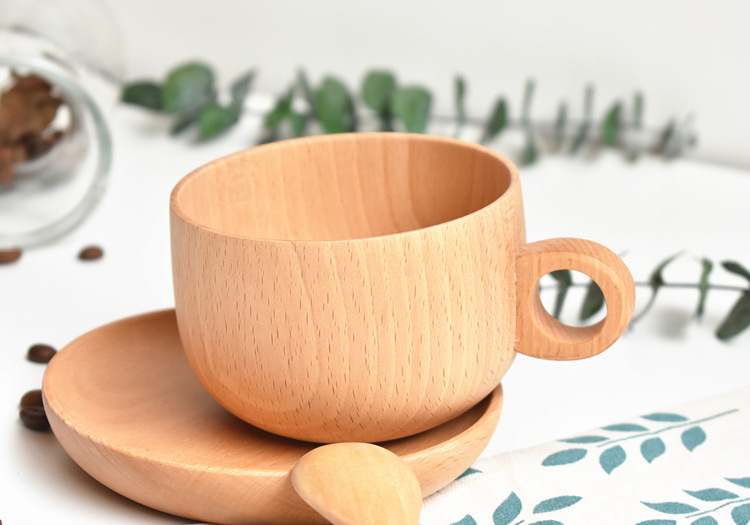 Natural wood cup spoon saucer set