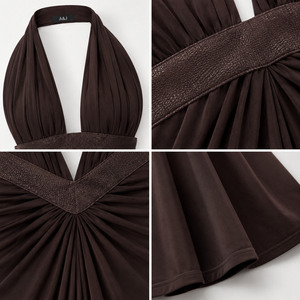 Robe longue dos nu A&J pour femme, style halter, jacquard, avec découpes latérales, nœud torsadé, froncée, décolleté plongeant en V, certifiée GRS, sur mesure - Product Image 2
