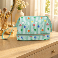 Trousse de Maquillage Personnalisée Double Couche Vert Menthe à Rayures et Pois, Organisateur de Voyage Portable pour Articles de Toilette, Étui Cosmétique avec Dragonne