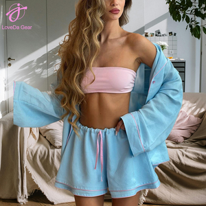 Loveda Wholesale Summer Women Home <strong>Wear</strong> Pure <strong>Cotton</strong> <strong>comfort</strong> Casual Shirt and Shorts Sleepwear Set - Product Image 2