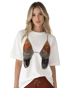 Camiseta de Mujer con Cuentas y Estampado, 100% Algodón, Cuello Redondo, Manga Corta, Informal - Product Image 1