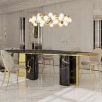 Table de salle à manger nordique française 6 places, mobilier de cuisine et de restaurant, ensemble table et chaises en marbre et laiton avec finition nickel noir