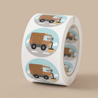 Étiquettes décoratives pour enfants, en papier synthétique imperméable, à forte adhérence, en rouleau, avec motifs de camions de chantier de dessins animés mignons, pour emballages cadeaux