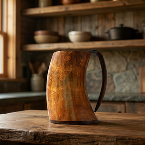 Taza de Cerveza de Cuerno de Buey Pulido de Diseño Blanco Antiguo, Ecológica y Duradera, con Tapa de Bambú, Estilo Vintage, Gran Capacidad - Product Image 1