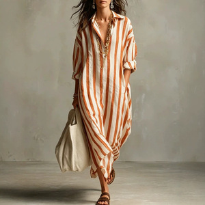 Robe longue rayée respirante pour femme, style décontracté vintage, col à revers, manches longues, coupe ample, poches latérales, idéale pour les vacances et la <span class=keywords><strong>plage</strong></span> (OEM/ODM) - Product Image 1