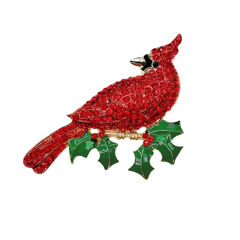 Brilhante cardinal vermelho no ramos de ponsésia, artesanal com cristal, joia de natal, broche para presente