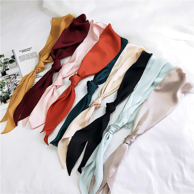 New Soft Texture Silk Satin Scarf Fashionable Spring Neckerchief Scarf Long Plain Color Handbag Head Scarf for Women