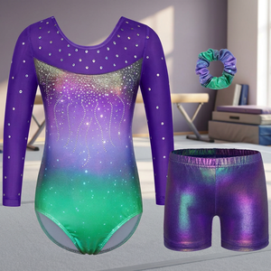 Ensemble justaucorps à manches longues et short pour filles, avec strass dégradés, tenue de gymnastique élégante, motif irisé violet-vert - Product Image 3