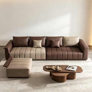 Ensemble de canapé sectionnel moderne en cuir PU en forme de L avec dossier modulaire et accoudoirs carrés pour salon - Product Image 2