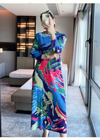 Nouvelle robe plissée imprimée style Miyake pour femme, manches longues, élastique, décontractée, pour le bureau, robe midi, en stock
