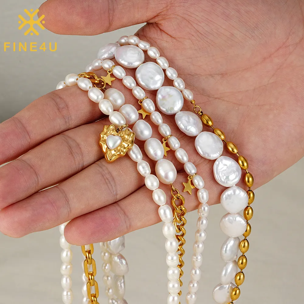 Vente en gros de bijoux en stock tendance sans ternissement collier de perles d'eau douce véritables en acier inoxydable plaqué pvd