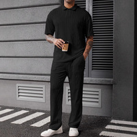 Ensemble Polo et Pantalon Long en Tricot Jacquard Texturé pour Hommes, Style Casual, Deux Pièces, Imprimé, Manches Courtes + Longues