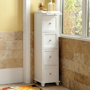 White Teak Wood Bathroom <b>Cabinet</b> <b>Slim</b> 4 Drawer Chest with Pull Out Extension Tray Bedside Table - Product Image 1