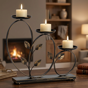 Support de bougie en métal à 3 branches, design feuille décoratif, centre de table pour la maison, salle à manger, décoration de cheminée - Product Image 2
