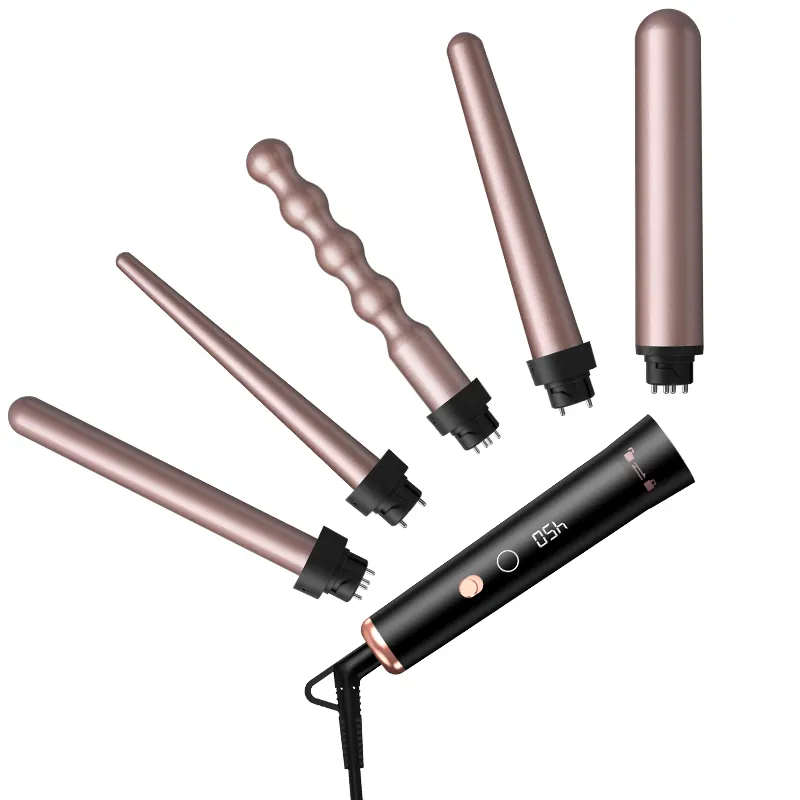 5 in 1 Interchangeable Hair Curler LCD Hair Waver Iron Straightener and Curler with Interchangeable Ceramic Tourmaline Barrel
