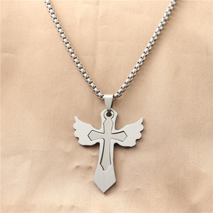 Stainless Steel <b>Cross</b> Pendant Necklace With Wings Men's Fashion Jewelry Geometric Design 12054 - Product Image 1