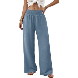 Pantalones Anchos de Cintura Alta para Mujer con Bolsillos, Casuales, Transpirables, Mezcla de Algodón y Spandex, Diseño Simple - Product Image 2