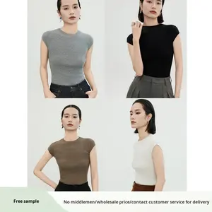 <span class=keywords><strong>Pull</strong></span> en laine 18GG pour femmes coréennes, printemps, t-shirt, coupe ajustée, col rond, <span class=keywords><strong>sans</strong></span> manches, couleur unie, 100% laine pure, tricot - Product Image 2