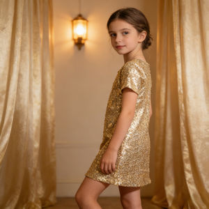 Robe de soirée élégante personnalisée pour adolescentes, en sequins dorés, une pièce, pour filles de 13 <span class=keywords><strong>ans</strong></span>, <span class=keywords><strong>vêtements</strong></span> d'été à manches courtes pour enfants - Product Image 3