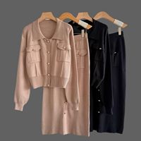 Ensemble 2 pièces pour femmes, haute couture, couleur unie, manches longues, tricot côtelé en laine/cachemire, pull décontracté d'hiver, bouton, nouveau, automne