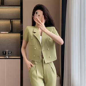 Women's Suit Set Solid Color Short Sleeve Blazer With Pants Anti-Wrinkle Polyester Casual Wear For Spring Summer - Product Image 3