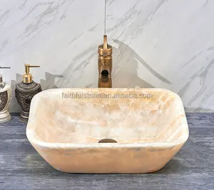 Lavabo de baño de lujo rectangular, lavabo artístico de ónice amarillo natural, venta al por mayor