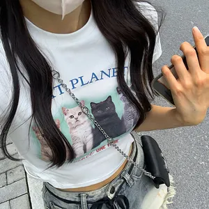 Women's Summer Animal Cat Print Slim Fitting White Short Sleeved T-Shirt With Exposed Navel Short Bottom Top