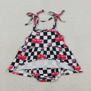 Nouvelle Collection : Ensembles Assortis Sœur Frère à Carreaux Noirs et Imprimé Cerises – Combinaison Short et Barboteuse d'Été pour Bébés Filles et Tout-Petits - Product Image 4