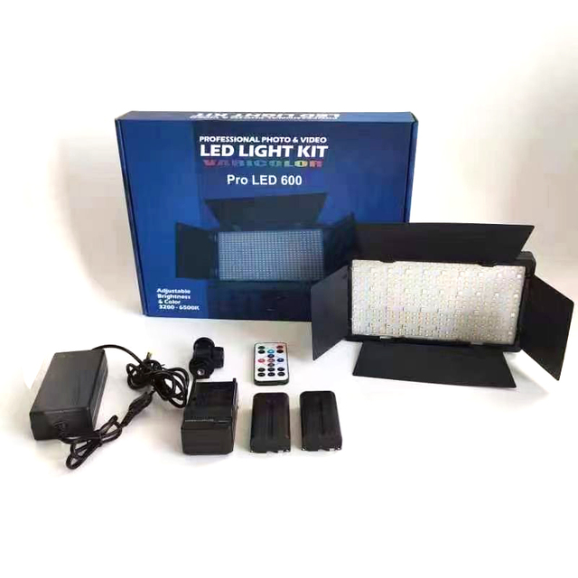 LED-600 LED Video Light Professional Photography Panel 600PCS Light Beads 3200-5600K Dimmable with 2 Batteries and Charger