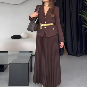 ファッションセット女性長袖新作無地ラペルブレザープレスプリーツスカート2ピースセット - Product Image 6