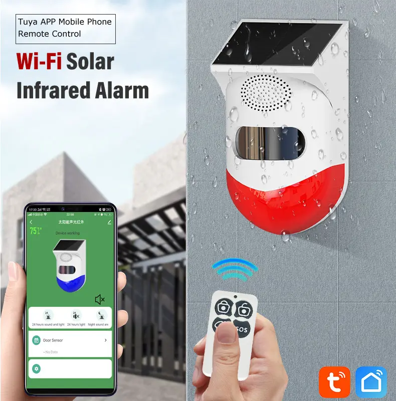 Solar Powered Tuya Wifi Outdoor PIR Motion Sensor Alarm With Sound And Light