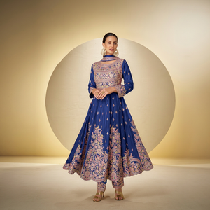 Costume Anarkali brodé bleu, vêtements ethniques pakistanais et indiens pour femmes, tenue de fête de mariage - Product Image 1