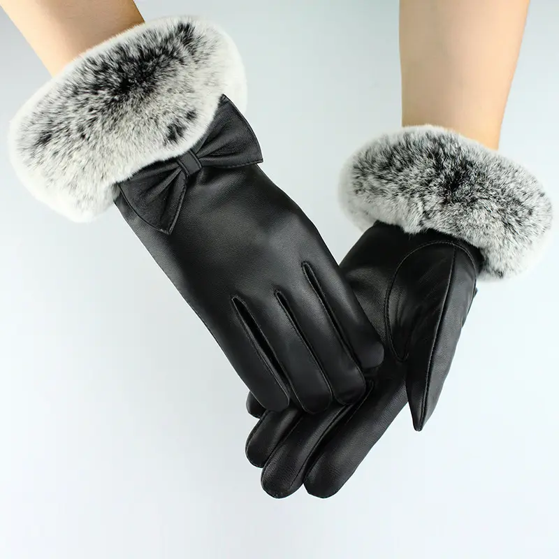 Personnalisé dames de luxe hiver chaud écran tactile réel rex lapin fourrure manchette gants en cuir