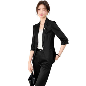 Women's Burgundy Suit Set Satin Blazer Pants Professional Office Wear Slim Fit Solid Color Spring Summer 2026 - Product Image 5