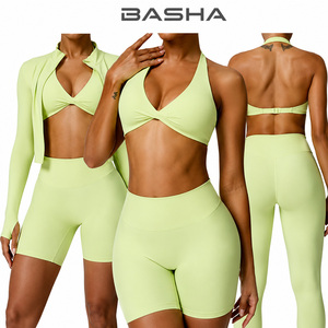 Conjunto <span class=keywords><strong>Deportivo</strong></span> de 4 Piezas para Mujer con Logotipo Personalizado BASHAsports, Chaqueta con Cremallera, <span class=keywords><strong>Sujetador</strong></span> <span class=keywords><strong>Deportivo</strong></span>, Pantalones Cortos con Efecto Push-Up, Leggings, Ropa Deportiva para Yoga y Fitness - Product Image 2