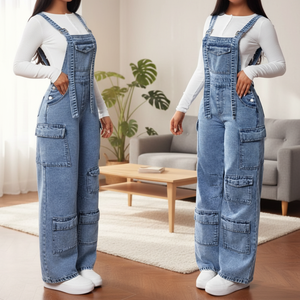 Salopette Cargo da Donna a Vita Media in Spandex/Cotone (Stile Avvolgente) Vestibilità Ampia Stile Street Trendy Estivo <span class=keywords><strong>con</strong></span> <span class=keywords><strong>Cintura</strong></span> Intrecciata - Product Image 3