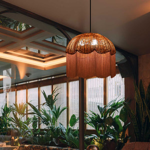 Lustre en rotin à pampilles, rond de 70 cm, E27, à six têtes, lampe à économie d'énergie, décoration d'intérieur, lumière d'ambiance - Product Image 3