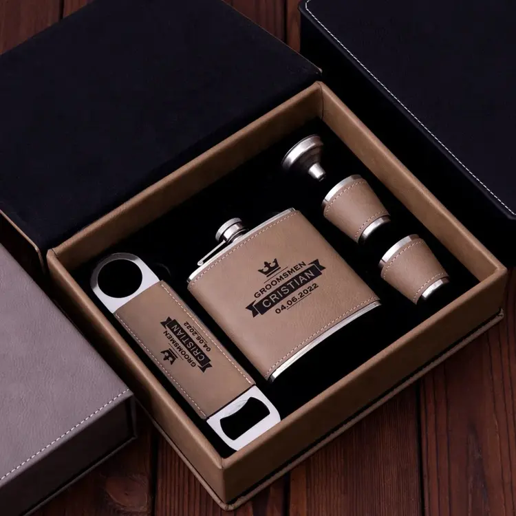 Personalized Custom 6oz Hip Flask And Bottle Opener Wedding Men Birthday Box Laser Engraved Leatherette Groomsmen Gift Set