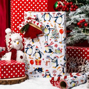 Penguin Christmas Motifs Gift Wrapping Paper Double-Sided Art Paper <b>Roll</b> for Holiday Packaging - Product Image 2